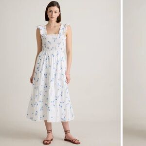 Quince White and Blue Floral Midi Dress